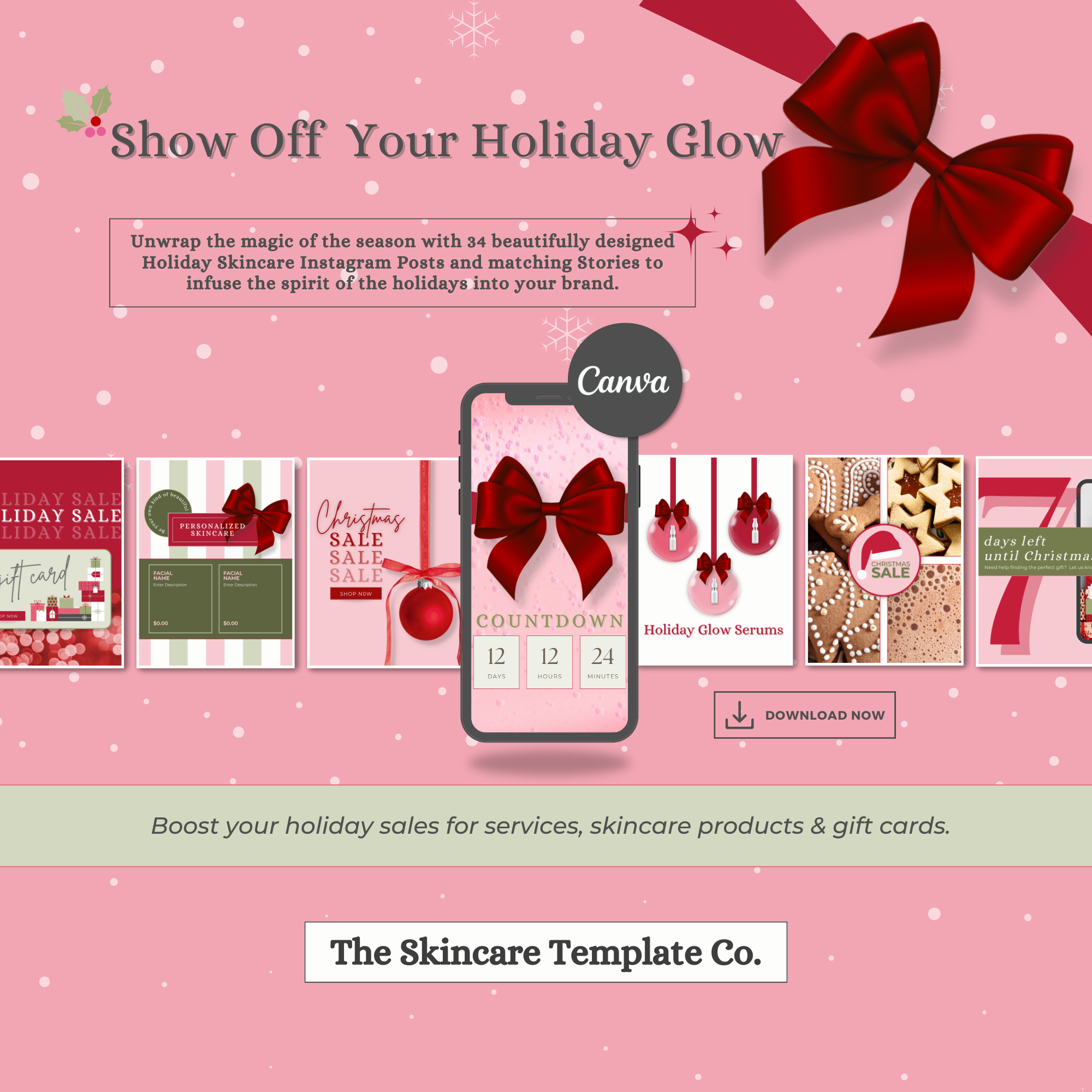 Sorbet Portrait Size Show Off Your Holiday Glow | The Skincare Template Co. | Christmas Holiday Skincare Canva Templates Instagram Posts with matching Stories for Estheticians, Spas, Clinics & Medical Esthetics