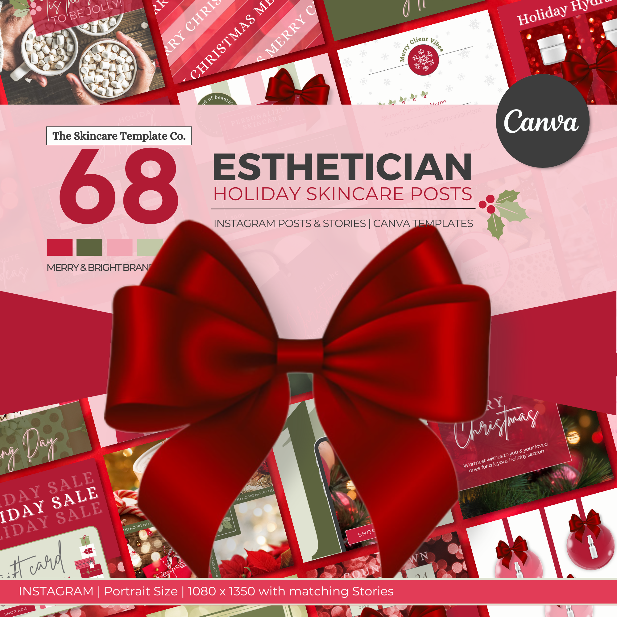 Merry & Bright Portrait Size Holiday Skincare Instagram Templates Cover Image | The Skincare Template Co. | Christmas Holiday Skincare Canva Templates Instagram Posts with matching Story for Estheticians, Spas, Clinics & Medical Esthetics