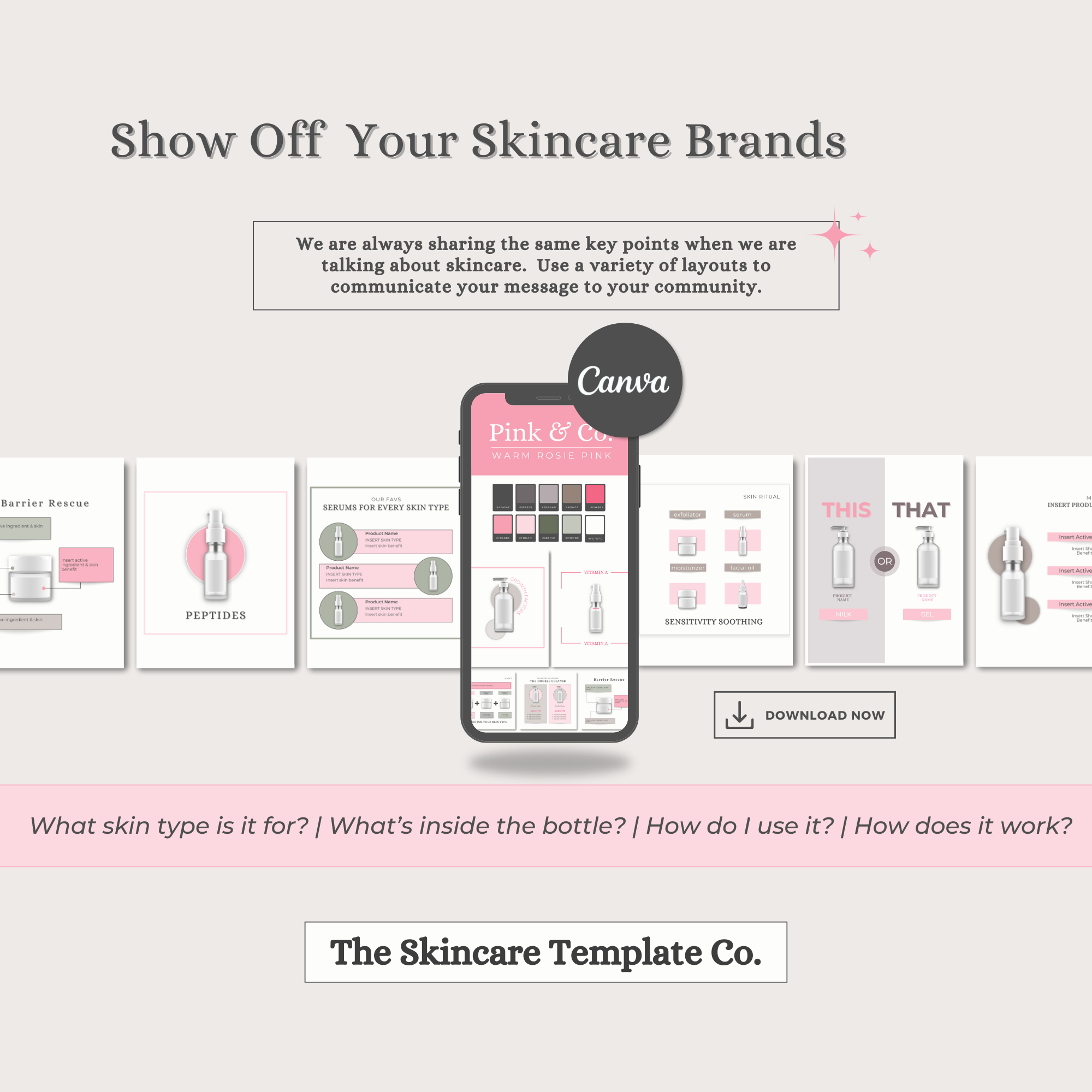 Pink & Co. Portrait Size Show Off Your Skincare Brands Infographics | The Skincare Template Co. | Skincare Instagram Social Media Canva Templates for Estheticians, Spas, Clinics & Medical Esthetics