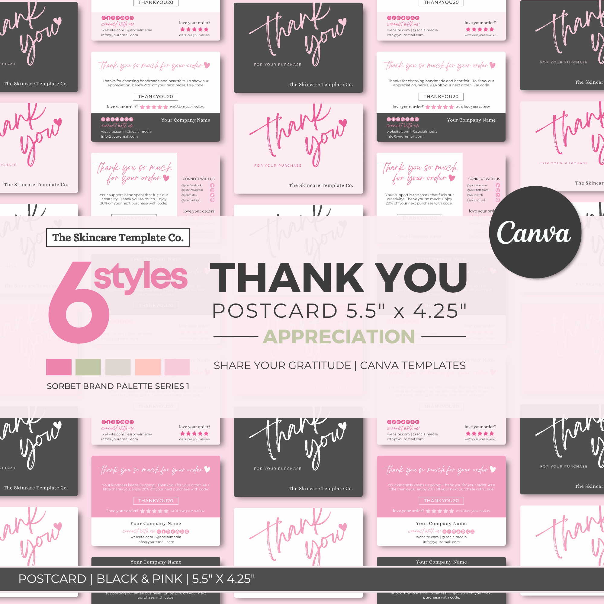 SORBET Black & Pink Thank You Post Card Small Business Appreciation Cover Image The Skincare Template Co. | Skinsimply