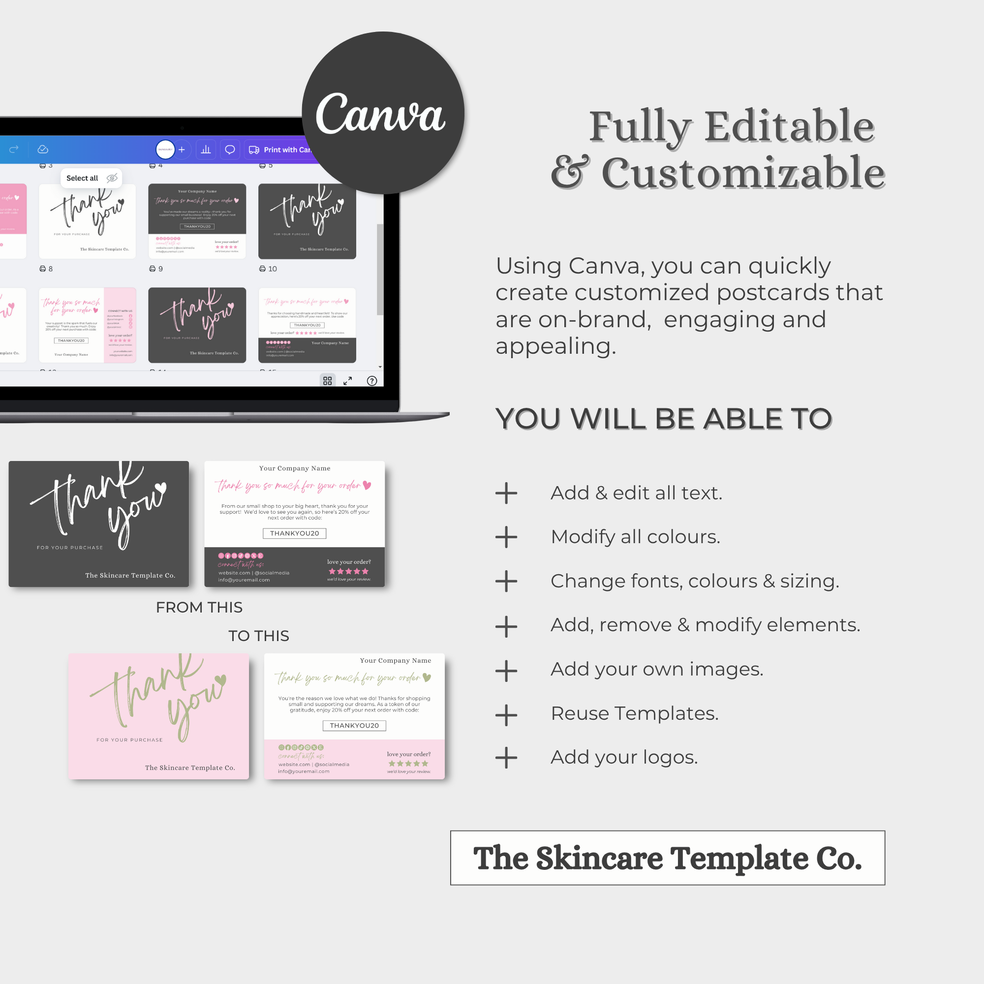 SORBET Black & Pink Thank You Post Card Small Business Appreciation Fully Editable & Customizable The Skincare Template Co. | Skinsimply