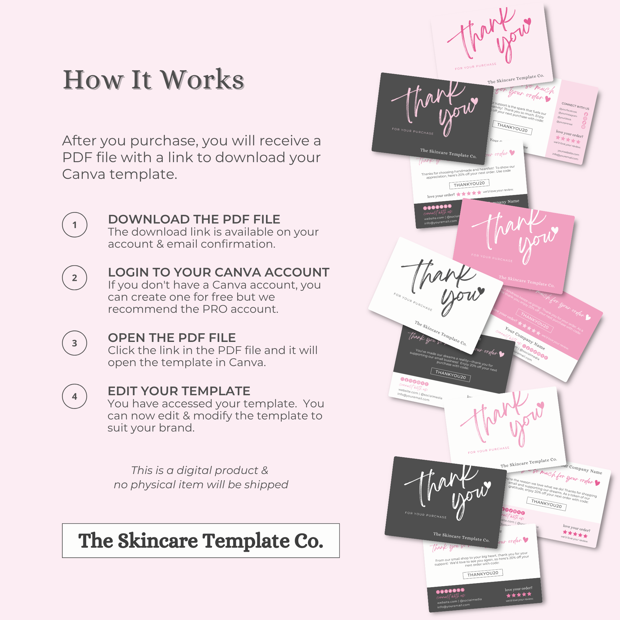 SORBET Black & Pink Thank You Post Card Small Business Appreciation Fully Editable & Customizable The Skincare Template Co. | Skinsimply