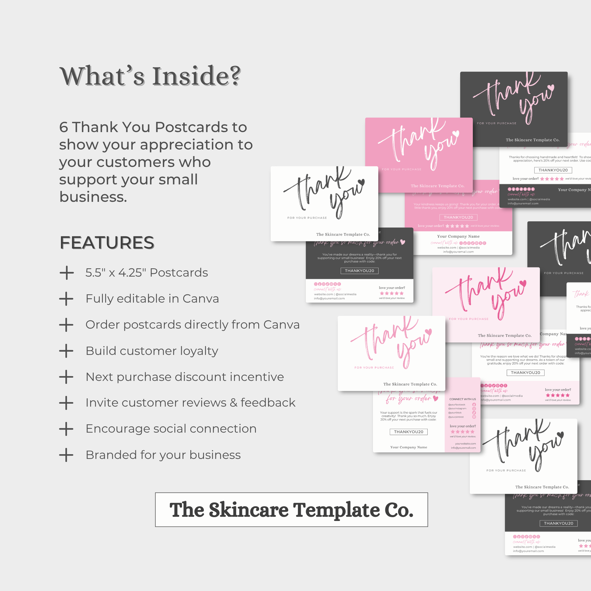 SORBET Black & Pink Thank You Post Card Small Business Appreciation What's Inside The Skincare Template Co. | Skinsimply
