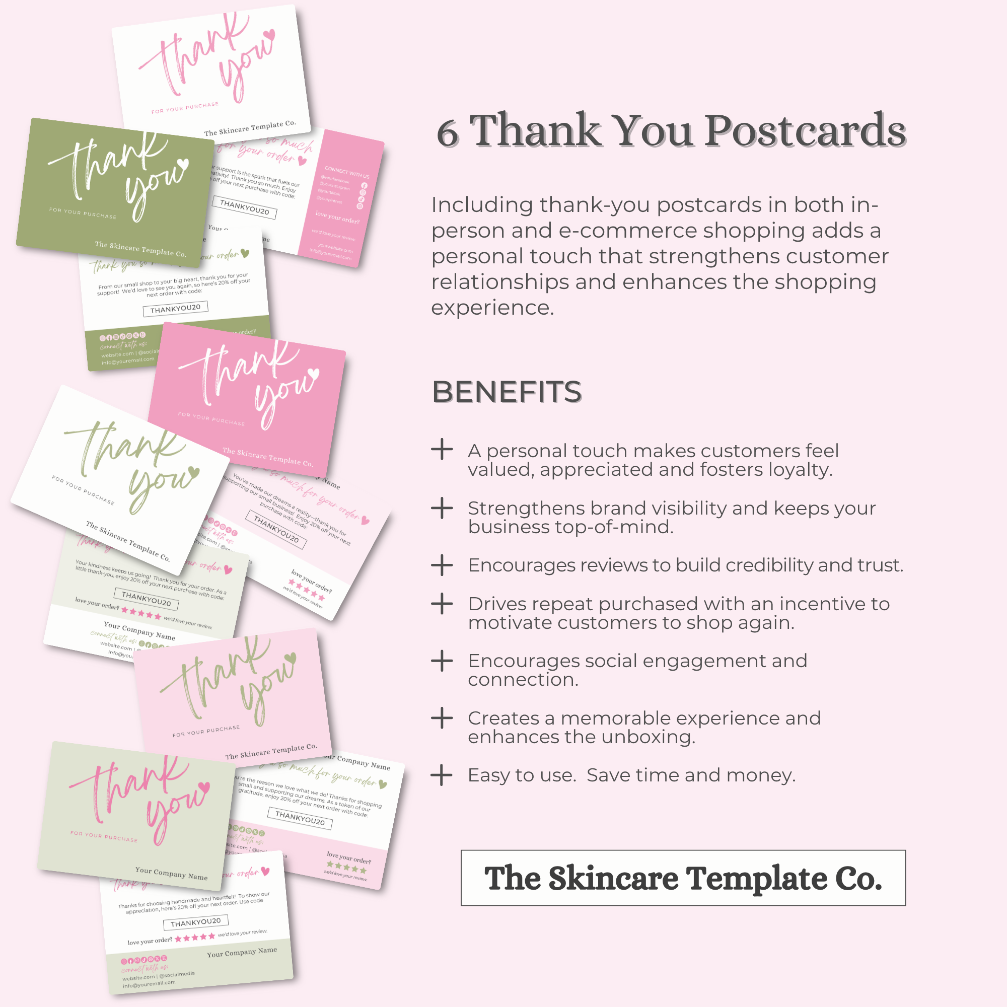 SORBET Pink & Green Thank You Post Card Small Business Appreciation Benefits The Skincare Template Co. | Skinsimply