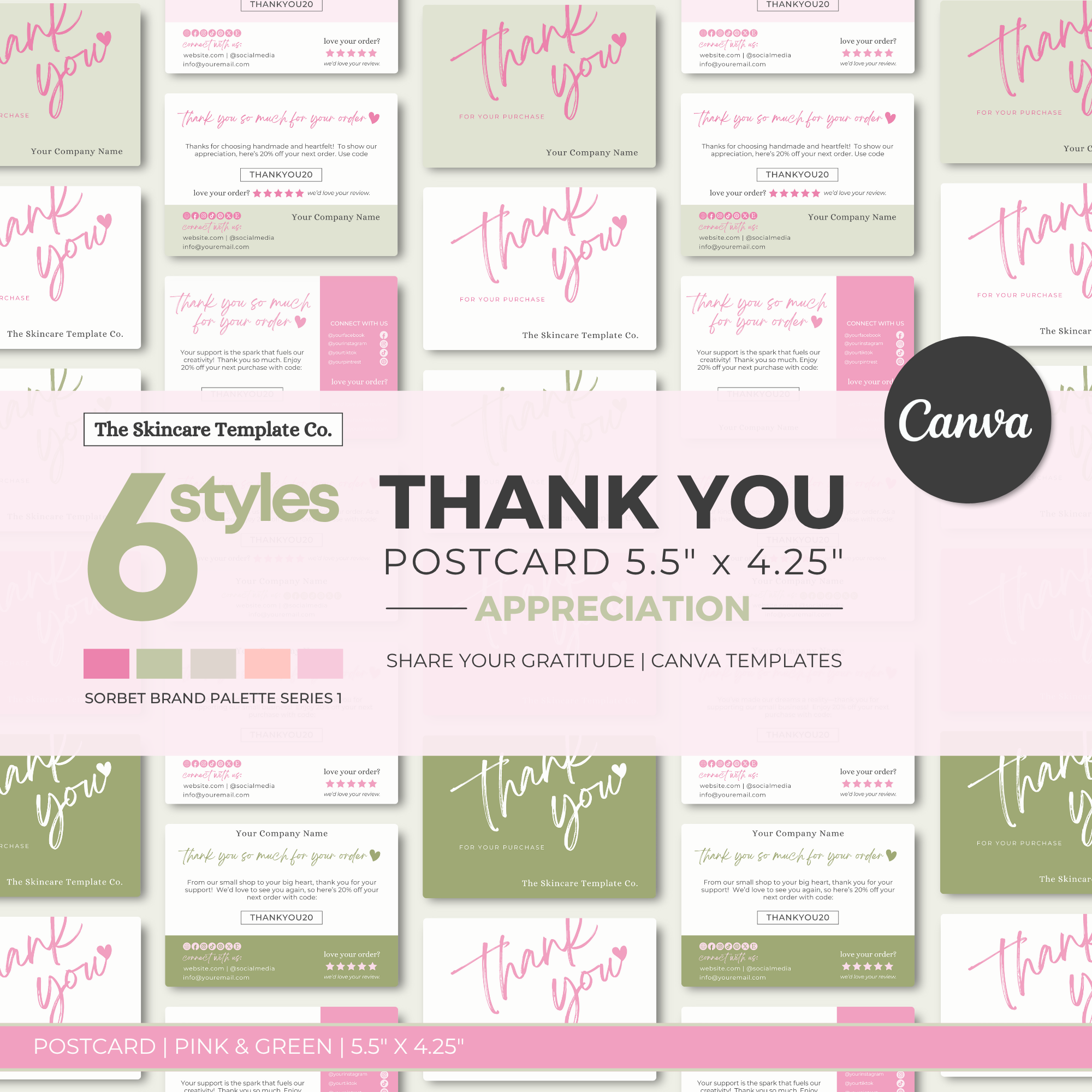 SORBET Pink & Green Thank You Post Card Small Business Appreciation Cover Image The Skincare Template Co. | Skinsimply