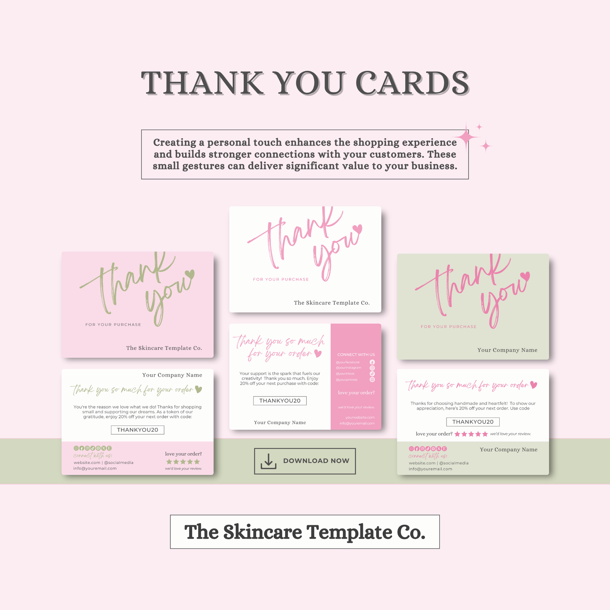 SORBET Pink & Green Thank You Post Card Small Business Appreciation Show Your Appreciation Layout Image The Skincare Template Co. | Skinsimply