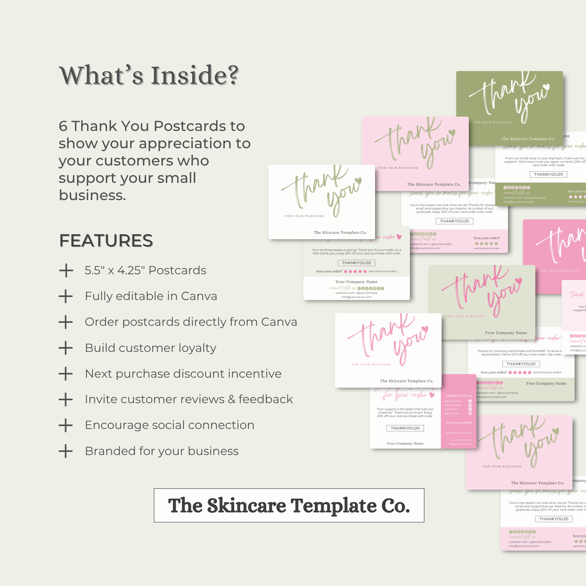 SORBET Pink & Green Thank You Post Card Small Business Appreciation What's Inside The Skincare Template Co. | Skinsimply