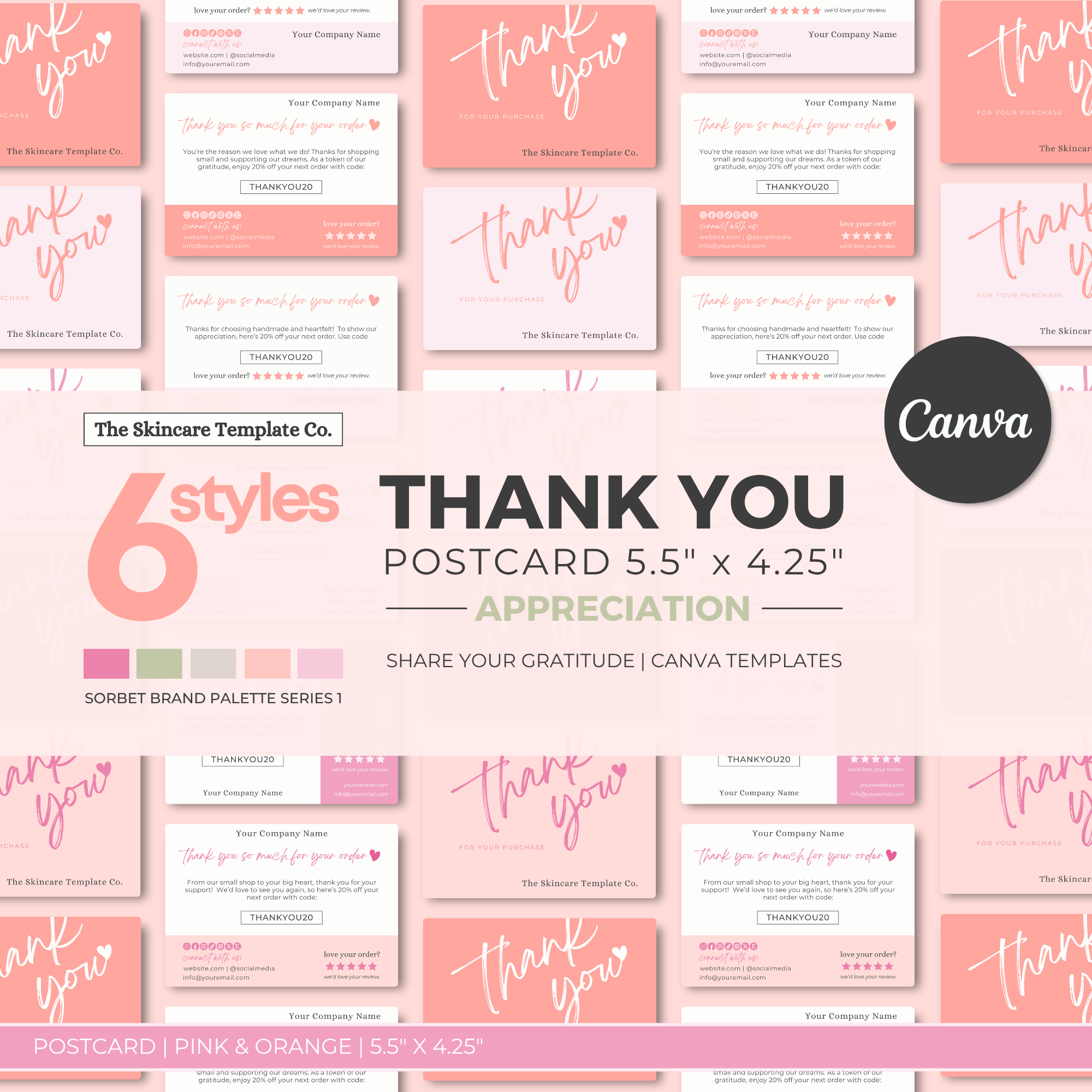 SORBET Pink & Orange Thank You Post Card Small Business Appreciation Show Your Appreciation Layout Image The Skincare Template Co. | Skinsimply