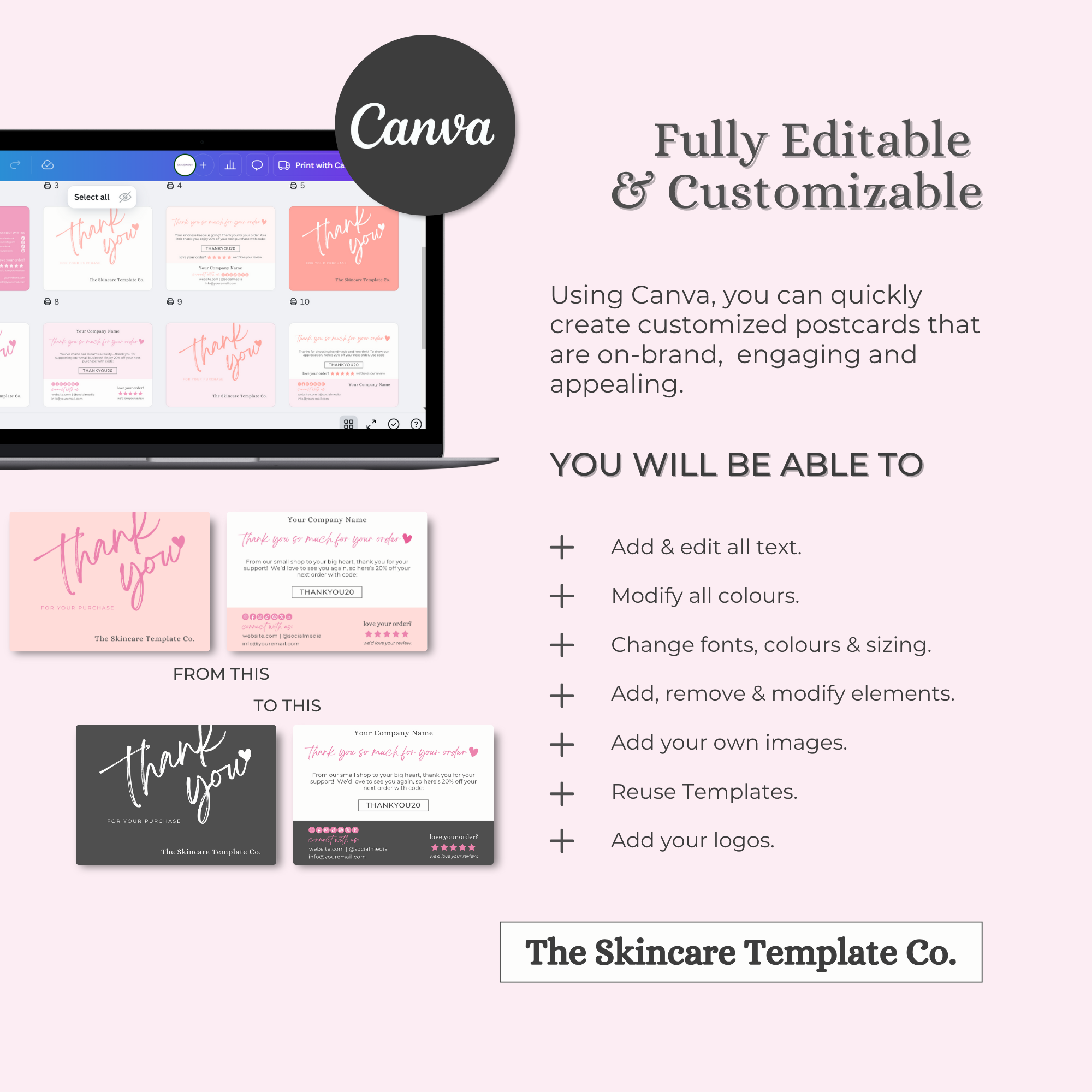 SORBET Pink & Orange Thank You Post Card Small Business Appreciation Fully Editable & Customizable The Skincare Template Co. | Skinsimply