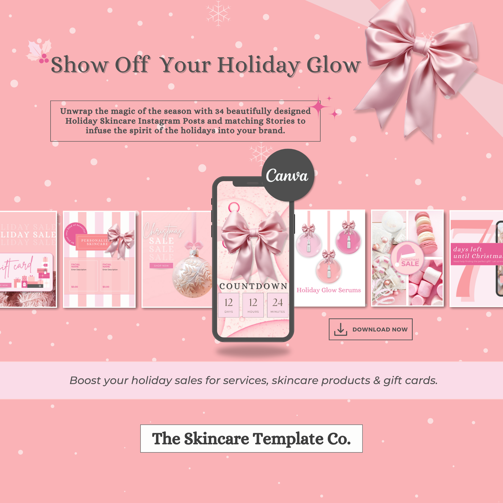 Sorbet Portrait Size Show Off Your Holiday Glow | The Skincare Template Co. | Christmas Holiday Skincare Canva Templates Instagram Posts with matching Stories for Estheticians, Spas, Clinics & Medical Esthetics
