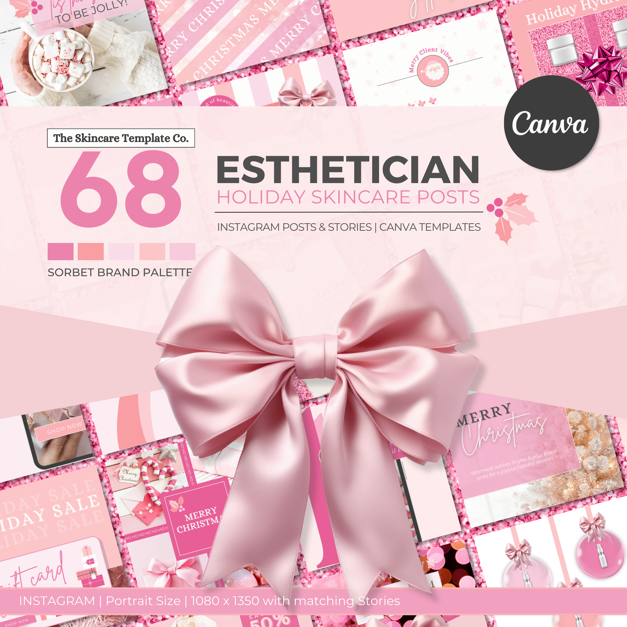 Sorbet Portrait Size Holiday Skincare Instagram Templates Cover Image | The Skincare Template Co. | Christmas Holiday Skincare Canva Templates Instagram Posts with matching Stories for Estheticians, Spas, Clinics & Medical Esthetics